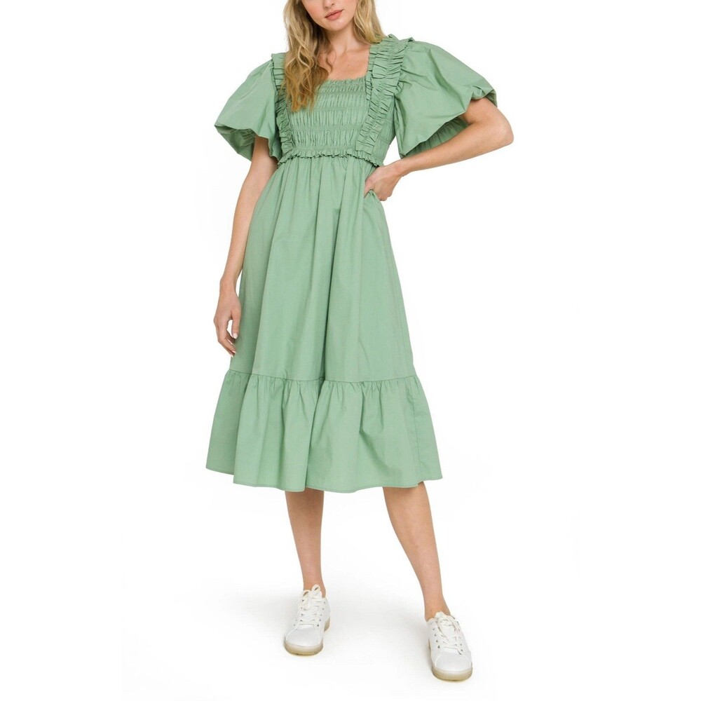 ANTHROPOLOGIE ENGLISH FACTORY Women's SMALL New Midi Dress Smocked Ruffle Green